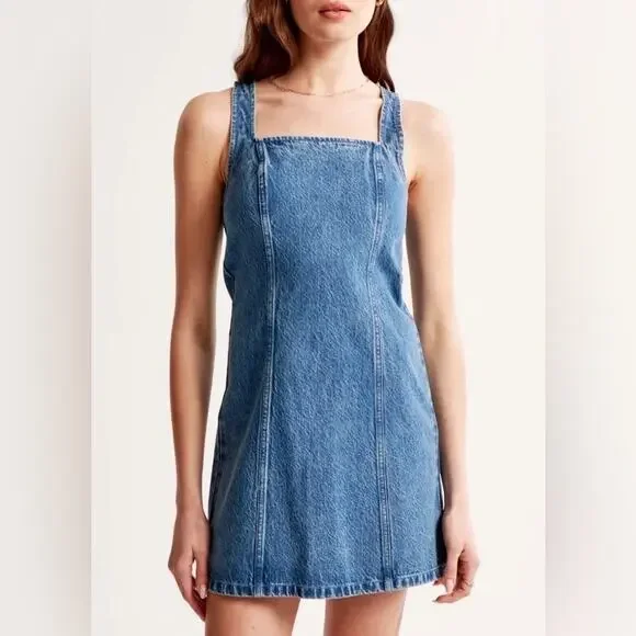 NEW ABERCROMBIE Medium Blue Wash Denim A-Line Mini Tank Top Jean Dress XL - Picture 15 of 16
